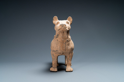 Een groot Chinees grijs aardewerken model van een hond, Han