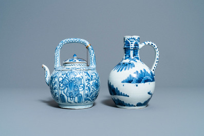 A collection of Chinese and Japanese blue and white cups and saucers and two ewers, Wanli and later