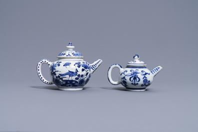 Two Dutch Delft blue and white teapots and covers, 18th C.