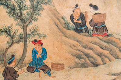 Ecole chinoise, encre et couleurs sur papier: Cinq sc&egrave;nes aux gar&ccedil;ons, 18/19&egrave;me