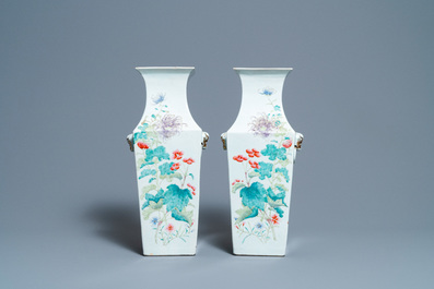A pair of Chinese square famille rose vases, 19th C.