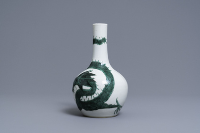 A Chinese famille verte 'dragon' bottle vase, Kangxi mark, 19th C.