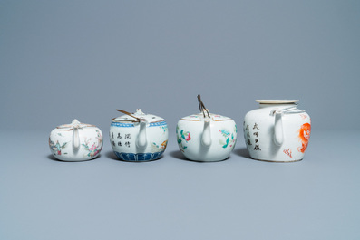 Quatre th&eacute;i&egrave;res et deux pots couverts en porcelaine de Chine, 19/20&egrave;me
