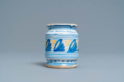 A polychrome maiolica albarello-type ointment jar, Northern Netherlands, ca. 1600