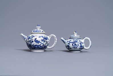 Two Dutch Delft blue and white teapots and covers, 18th C.