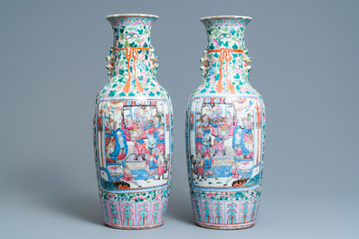 A pair of Chinese famille rose vases with court and warrior scenes, 19th C.
