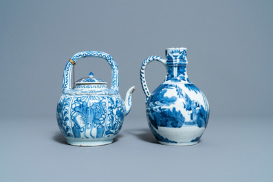 A collection of Chinese and Japanese blue and white cups and saucers and two ewers, Wanli and later