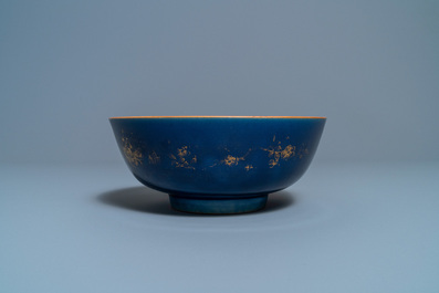 Three Chinese gilt-decorated monochrome blue bowls, Kangxi