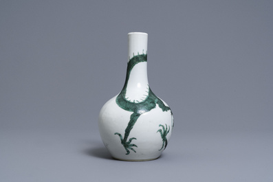 A Chinese famille verte 'dragon' bottle vase, Kangxi mark, 19th C.