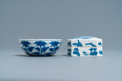 Une assiette, un bol et une bo&icirc;te couverte en porcelaine de Chine en bleu et blanc, marques de Guangxu et Qianlong, 19/20&egrave;me