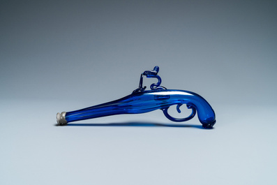 A cobalt blue glass flask in the shape of a flintlock gun, Belgium or Holland, 17th C.