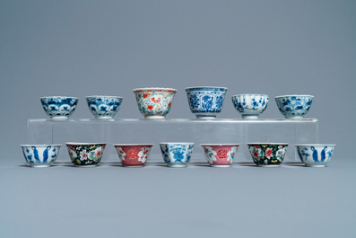 Thirteen Chinese blue and white, famille rose and famille verte cups and saucers, Kangxi/Qianlong