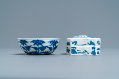 Une assiette, un bol et une bo&icirc;te couverte en porcelaine de Chine en bleu et blanc, marques de Guangxu et Qianlong, 19/20&egrave;me