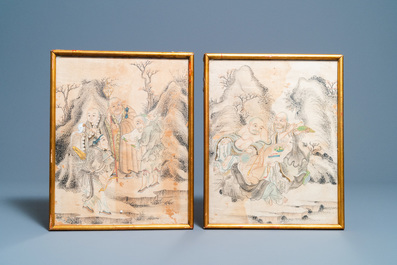 Chinese school, inkt en kleur op papier:  'Vier sc&egrave;nes met luohans', 19e eeuw