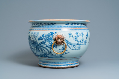 A large Chinese blue and white fishbowl with gilt bronze handles, Qianlong