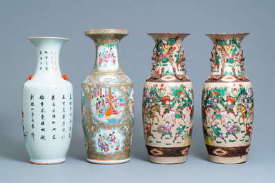 A pair of Chinese Nanking famille rose vases, a Canton vase and a 'phoenixes' vase, 19/20th C.