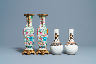 Trois paires de vases en porcelaine de Chine famille rose, verte et &agrave; fond craquel&eacute;, Chine, 19&egrave;me