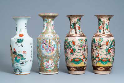 A pair of Chinese Nanking famille rose vases, a Canton vase and a 'phoenixes' vase, 19/20th C.