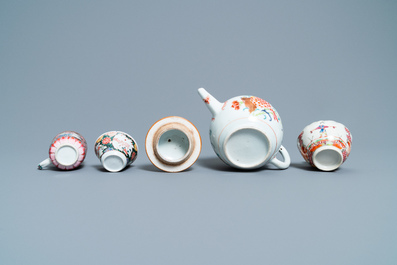 A Chinese famille rose teapot and three cups and saucers, Yongzheng/Qianlong