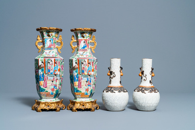 Trois paires de vases en porcelaine de Chine famille rose, verte et &agrave; fond craquel&eacute;, Chine, 19&egrave;me