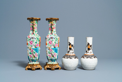 Trois paires de vases en porcelaine de Chine famille rose, verte et &agrave; fond craquel&eacute;, Chine, 19&egrave;me