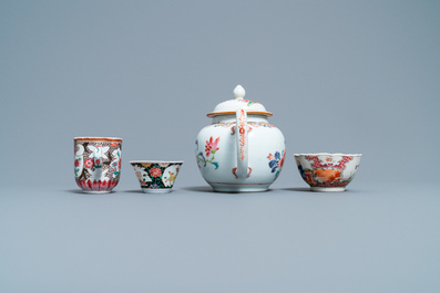 A Chinese famille rose teapot and three cups and saucers, Yongzheng/Qianlong