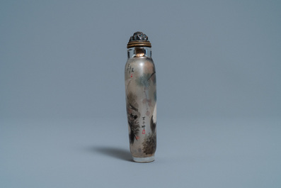 A Chinese inside-painted glass snuff bottle with cranes, signed Ding Erzhong, dated 1895