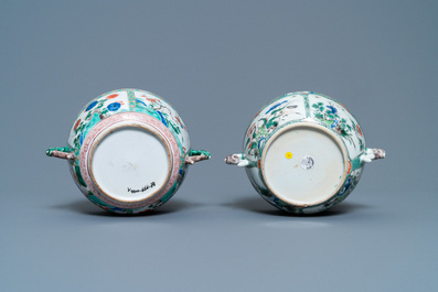 Two Chinese famille verte porringer bowls and covers, Kangxi