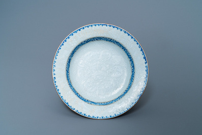 Four Chinese blue and white bianco-sopra-bianco plates, Yongzheng/Qianlong