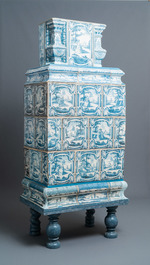 A composite stove with blue and white stove tiles, Nurnberg faience, Germany, 18th C.