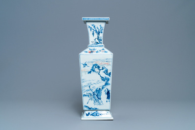 A Chinese square-sectioned blue, white and copper-red vase, Kangxi