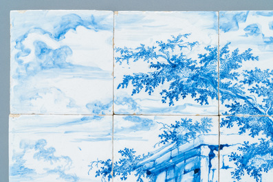 Un tableau de carreaux en fa&iuml;ence de Delft en bleu et blanc &agrave; d&eacute;cor d'une berg&egrave;re, 18&egrave;me