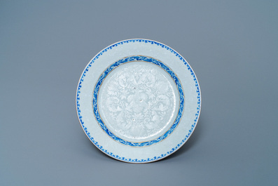 Four Chinese blue and white bianco-sopra-bianco plates, Yongzheng/Qianlong