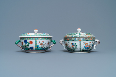 Two Chinese famille verte porringer bowls and covers, Kangxi