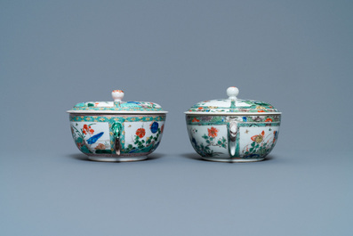 Two Chinese famille verte porringer bowls and covers, Kangxi