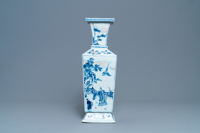 A Chinese square-sectioned blue, white and copper-red vase, Kangxi