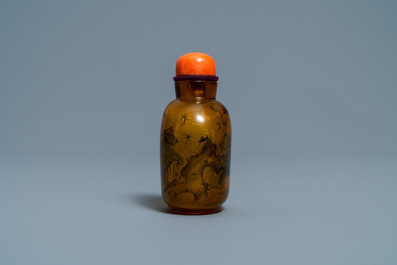 A Chinese inside-painted glass snuff bottle with grasshoppers, attr. to Xue Shaofu, ca. 1900