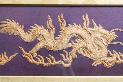 Three Chinese panels of embroidered silk, 19/20th C.