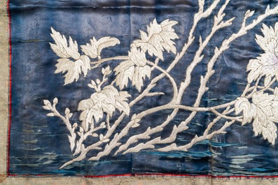 Three Chinese panels of embroidered silk, 19/20th C.