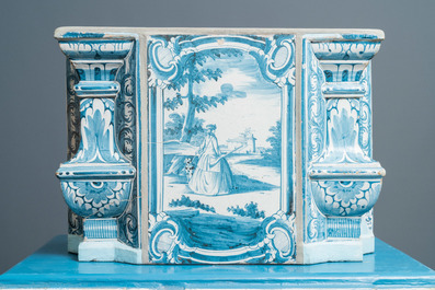 A composite stove with blue and white stove tiles, Nurnberg faience, Germany, 18th C.