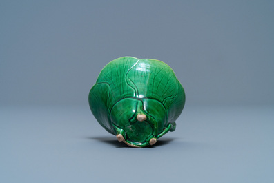 A Chinese 'egg and spinach'-glazed lotus cup and saucer with applied design, Kangxi