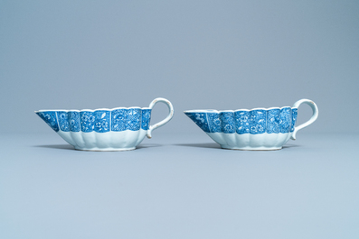 A pair of Chinese blue and white 'Xi Xiang Ji' sauceboats on stand, Qianlong