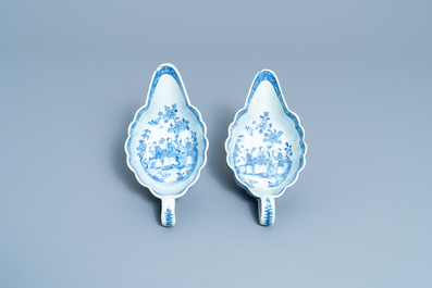 A pair of Chinese blue and white 'Xi Xiang Ji' sauceboats on stand, Qianlong