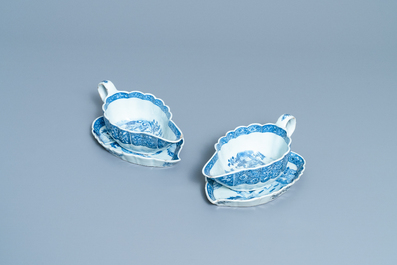 A pair of Chinese blue and white 'Xi Xiang Ji' sauceboats on stand, Qianlong