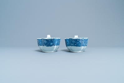 A pair of Chinese blue and white 'Xi Xiang Ji' sauceboats on stand, Qianlong