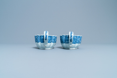 A pair of Chinese blue and white 'Xi Xiang Ji' sauceboats on stand, Qianlong