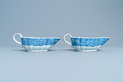 A pair of Chinese blue and white 'Xi Xiang Ji' sauceboats on stand, Qianlong