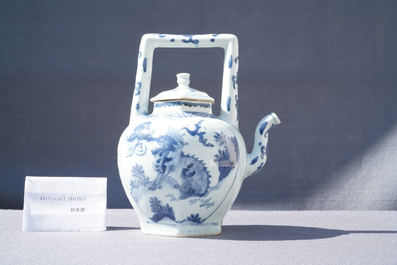 A large Chinese blue and white 'qilin' wine ewer and cover, Transitional period