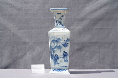 A Chinese square-sectioned blue, white and copper-red vase, Kangxi