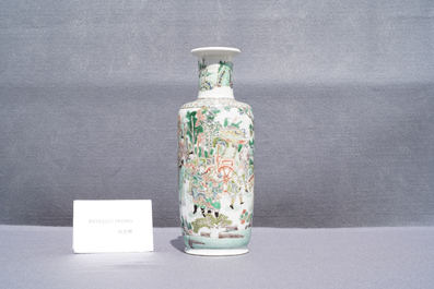 A rare Chinese famille verte 'Feng shen bang' rouleau vase, Kangxi